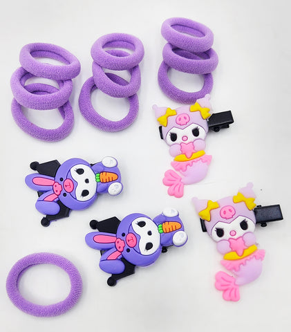 Pack of 12 Pcs Cute Kuromi Hair Clips & Rubber Bands Set - Multicolour Sanrio Cartoon Hair Accessories for Baby Girls, Kids, and Gifts Pack of 12 Pcs Cute Kuromi Hair Clips & Rubber Bands Set - Multicolour Sanrio Cartoon Hair Accessories for Baby Girls, Kids, and Gifts