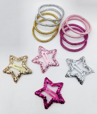 Impression Star Shape Glitter Hair Clips with Ponytails - Multicolor, Pack of 12, Cute Hair Accessories for Kids & Girls