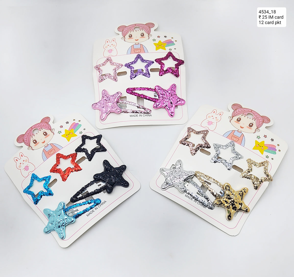 Impression Set of 12 Star-Designed Sequins Embellished Snap Clips - Multicolor, Stylish Hair Accessories for Girls & Women