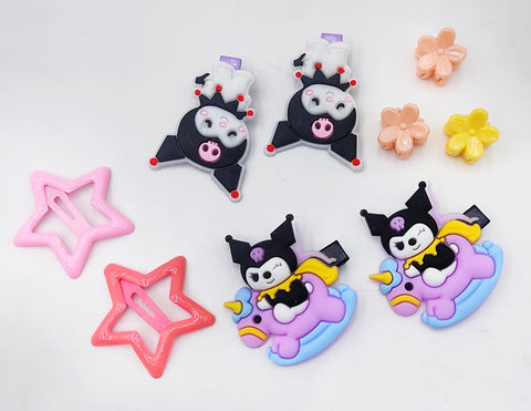 Pack of 12 Cute Kuromi Hair Clips Set - Adorable Sanrio Cartoon Baby Bow Hair Clips for Girls & Kids