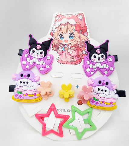 Pack of 12 Cute Kuromi Hair Clips Set - Adorable Sanrio Cartoon Baby Bow Hair Clips for Girls & Kids