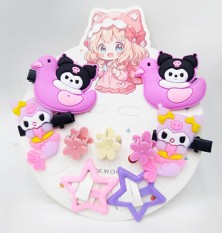 Pack of 12 Cute Kuromi Hair Clips Set - Adorable Sanrio Cartoon Baby Bow Hair Clips for Girls & Kids