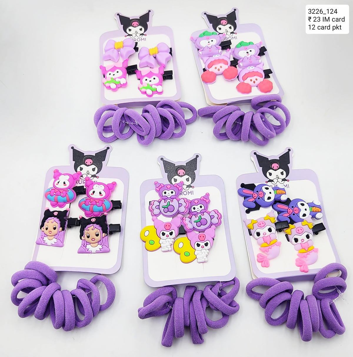 Pack of 12 Pcs Cute Kuromi Hair Clips & Rubber Bands Set - Multicolour Sanrio Cartoon Hair Accessories for Baby Girls, Kids, and Gifts