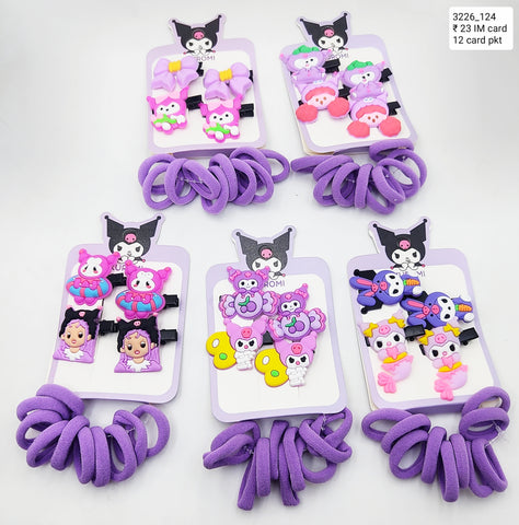 Pack of 12 Pcs Cute Kuromi Hair Clips & Rubber Bands Set - Multicolour Sanrio Cartoon Hair Accessories for Baby Girls, Kids, and Gifts