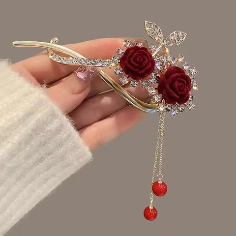 Impression Fancy Day Red Flocking Flower Hair Clip Claw Diamond Butterfly Pearl Tassel Metal Pearl Rhinestone Flower Accessories for Hair