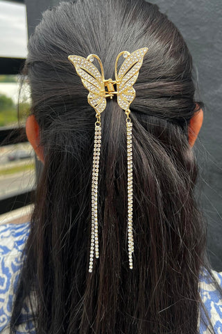Impression Mluffy Style Hair Tassel Pearl Decor Barrettes Clips Clamp | Rhinestone Metal Butterfly Thick Long Hair Clips Gold Pearl Claw Clips for Girl's and Women's (Golden) (Small)