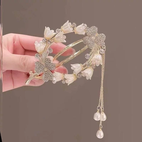 Impression Luxury Rhinestone Bell Orchid Flower Rhinestone Frog Buckle Hair Clips Metal Diamond Hairpins Twist Clip Headdress for Women