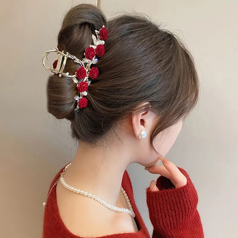 Impression Luxury Red Velvet Rose Rhinestone Alloy Gold Metal Grapple Shark Clip Antique Tassel Flower Hair Claw