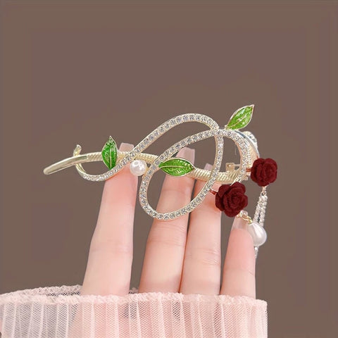 Impression Vanika Fashion Retro Rose Flower Tassel Hair Clip Korean Style Elegant One Word Ponytail Clip