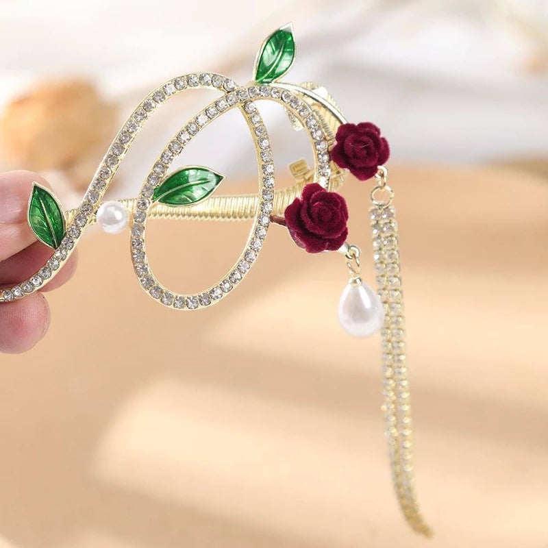 Impression Vanika Fashion Retro Rose Flower Tassel Hair Clip Korean Style Elegant One Word Ponytail Clip