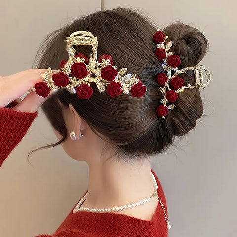 Impression Luxury Red Velvet Rose Rhinestone Alloy Gold Metal Grapple Shark Clip Antique Tassel Flower Hair Claw