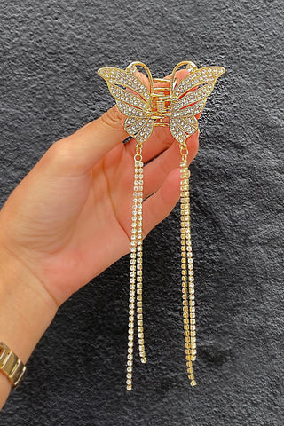 Impression Mluffy Style Hair Tassel Pearl Decor Barrettes Clips Clamp | Rhinestone Metal Butterfly Thick Long Hair Clips Gold Pearl Claw Clips for Girl's and Women's (Golden) (Small)