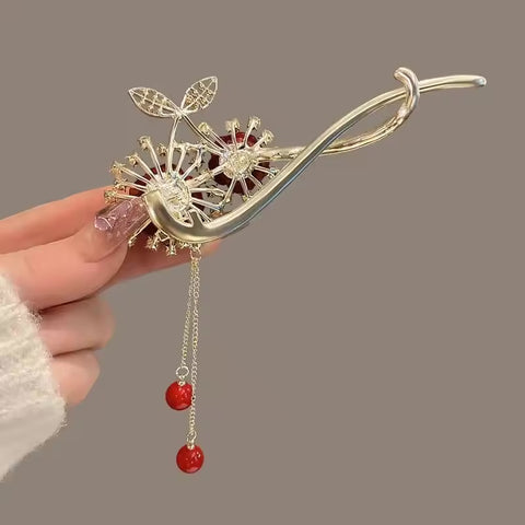 Impression Fancy Day Red Flocking Flower Hair Clip Claw Diamond Butterfly Pearl Tassel Metal Pearl Rhinestone Flower Accessories for Hair