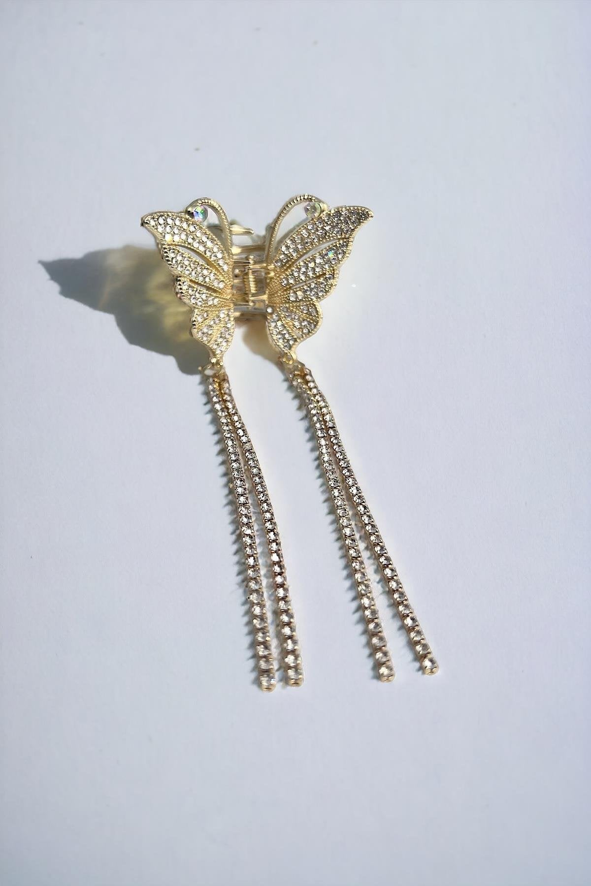 Impression Mluffy Style Hair Tassel Pearl Decor Barrettes Clips Clamp | Rhinestone Metal Butterfly Thick Long Hair Clips Gold Pearl Claw Clips for Girl's and Women's (Golden) (Small)