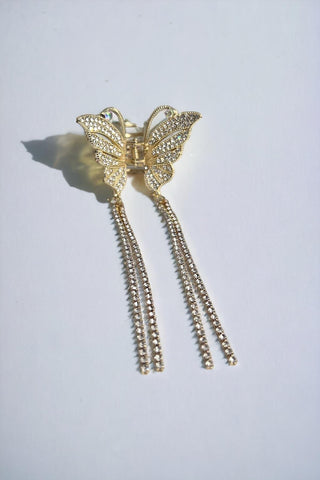 Impression Mluffy Style Hair Tassel Pearl Decor Barrettes Clips Clamp | Rhinestone Metal Butterfly Thick Long Hair Clips Gold Pearl Claw Clips for Girl's and Women's (Golden) (Small)