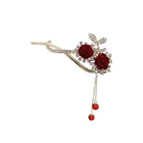 Impression Fancy Day Red Flocking Flower Hair Clip Claw Diamond Butterfly Pearl Tassel Metal Pearl Rhinestone Flower Accessories for Hair