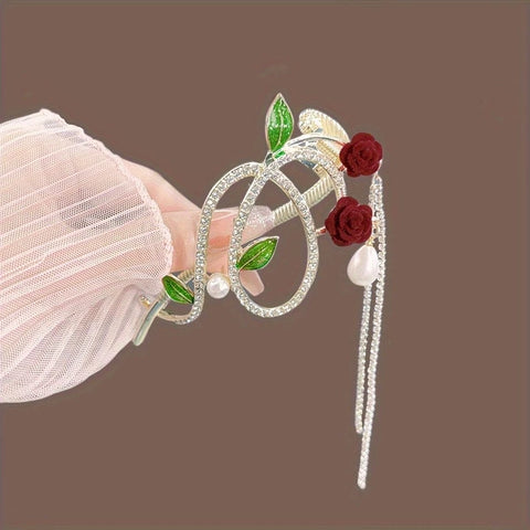 Impression Vanika Fashion Retro Rose Flower Tassel Hair Clip Korean Style Elegant One Word Ponytail Clip