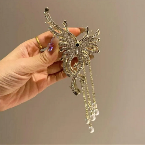 Hair Shark Clip Butterfly Rhinestone Tassel Hair Claw Hair Claw (Gold)