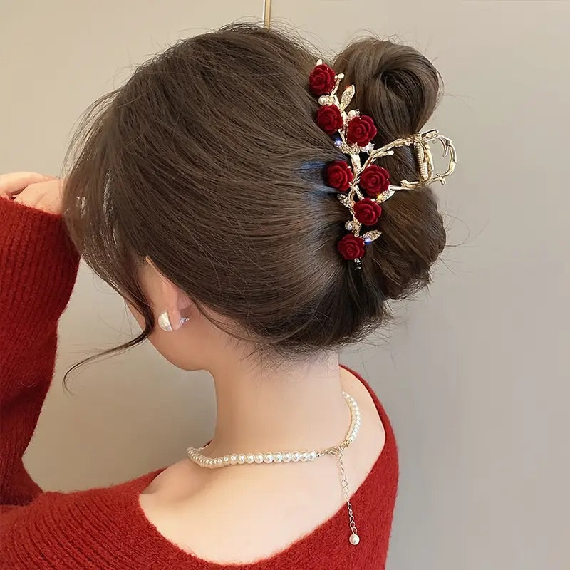 Impression Luxury Red Velvet Rose Rhinestone Alloy Gold Metal Grapple Shark Clip Antique Tassel Flower Hair Claw
