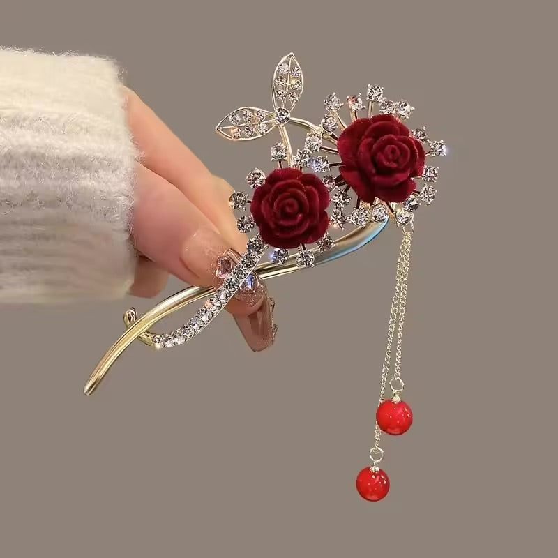 Impression Fancy Day Red Flocking Flower Hair Clip Claw Diamond Butterfly Pearl Tassel Metal Pearl Rhinestone Flower Accessories for Hair