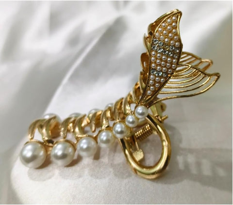 Impression Pearl Fish Tail Long Claw Clips, Hair Catch Barrettes, Large Hair Clips For Thick Hair, Women's Hair Accessories(Pack Of 1), White