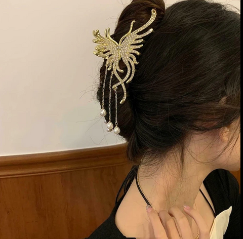 Hair Shark Clip Butterfly Rhinestone Tassel Hair Claw Hair Claw (Gold)