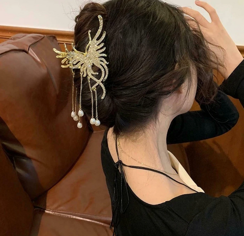 Hair Shark Clip Butterfly Rhinestone Tassel Hair Claw Hair Claw (Gold)