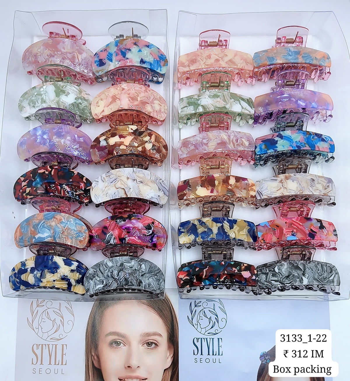 3133-1-22 SEOUL STYEL ACRYLIC HAIR CLUTCHER | 12-PCS BOX PACKING | COLORS VARIANTS | (26/- RS PER PCS)