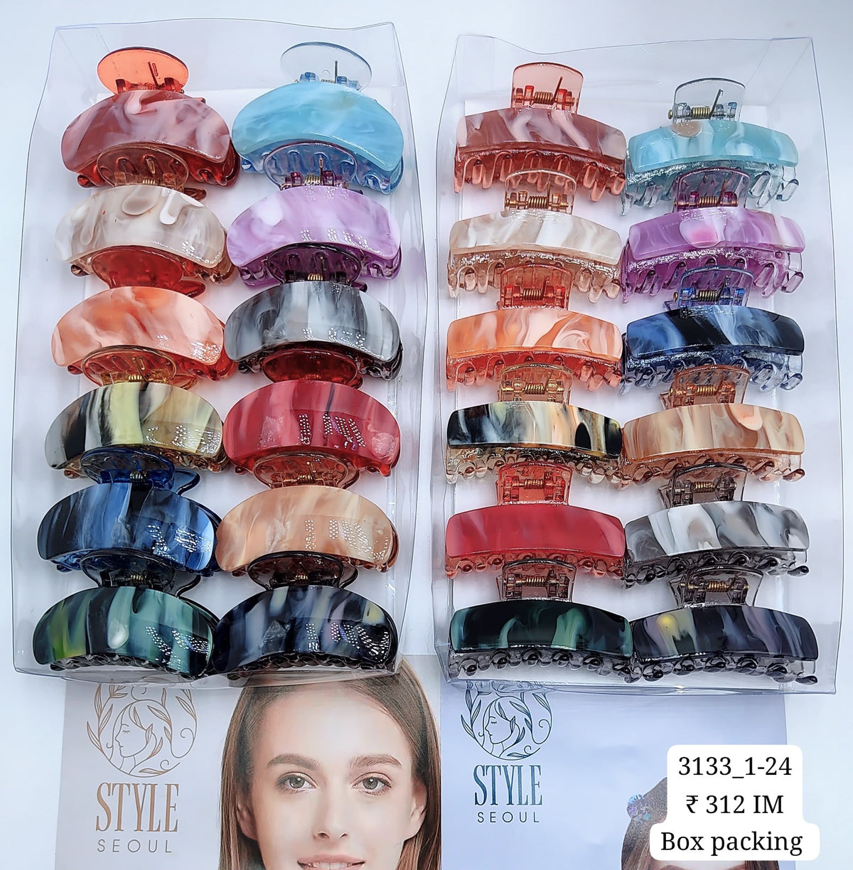 3133-1-24 SEOUL STYEL  ACRYLIC HAIR CLUTCHER | 12-PCS BOX PACKING | COLORS VARIANTS | (26/- RS PER PCS)