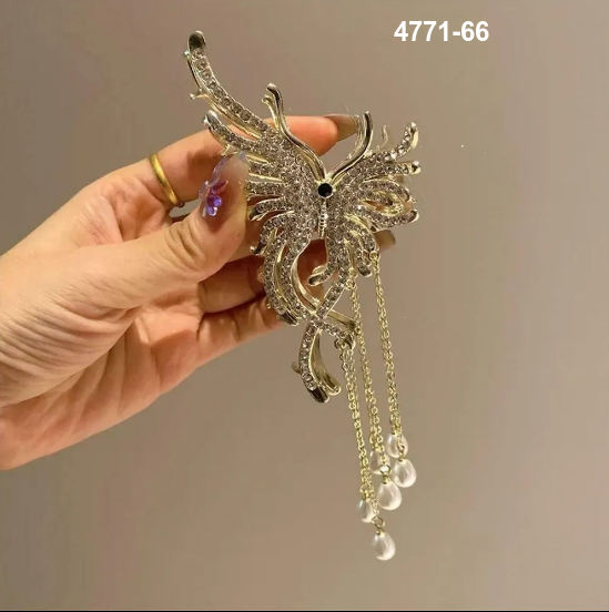 Hair Shark Clip Butterfly Rhinestone Tassel Hair Claw Hair Claw (Gold)